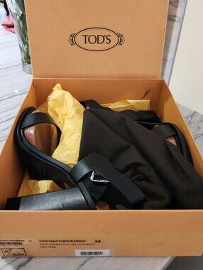 TOD'S Black Leather Heel Sandals with Wooden Block Heel